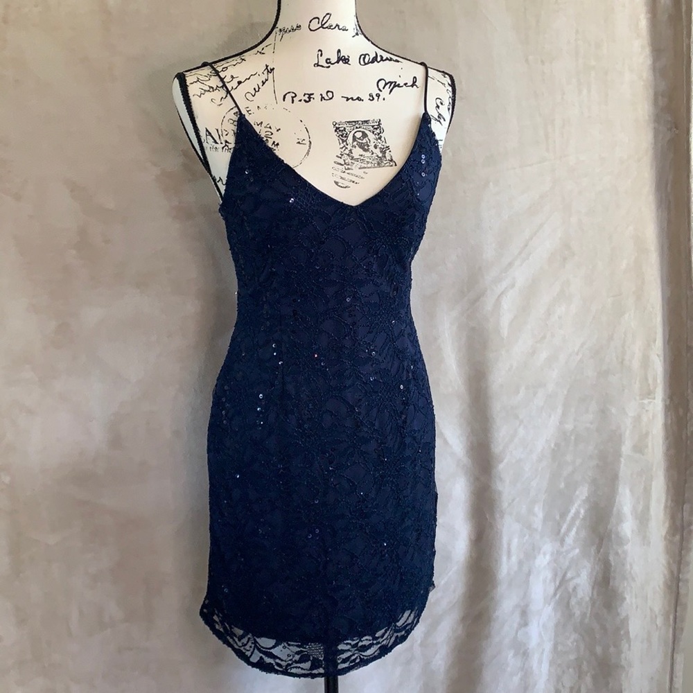 LOVE...ADY Navy Sequin Mini Cocktail Dress Vneck M